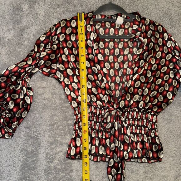 Wet Seal Retro Satin Blouse M Red Black Circle Print Smocked Waist Tie Top Y2K - Picture 9 of 9